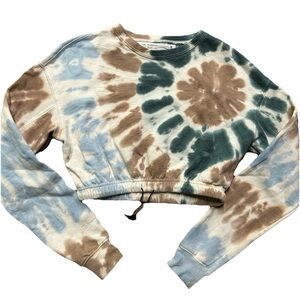 Women’s Cropped Crewneck Tie Dye Sweatshirt Size XS White Brown Green Blue